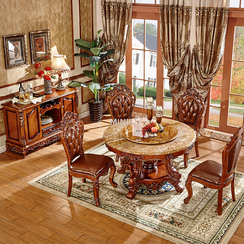 Table de salle à manger ronde vintage en bois de chêne marron et marbre avec tapis