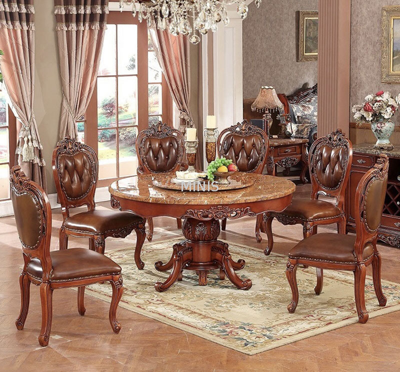 Table de salle à manger ronde vintage en bois de chêne marron et marbre avec tapis